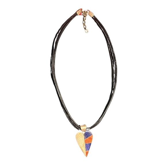 Jay King DTR Lapis Coral Inlay Heart Black Leather 925 Sterling Necklace - Picture 3 of 9